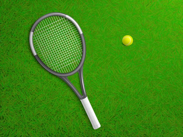 Raqueta de tenis y pelota tirado en el césped de la corte césped verde