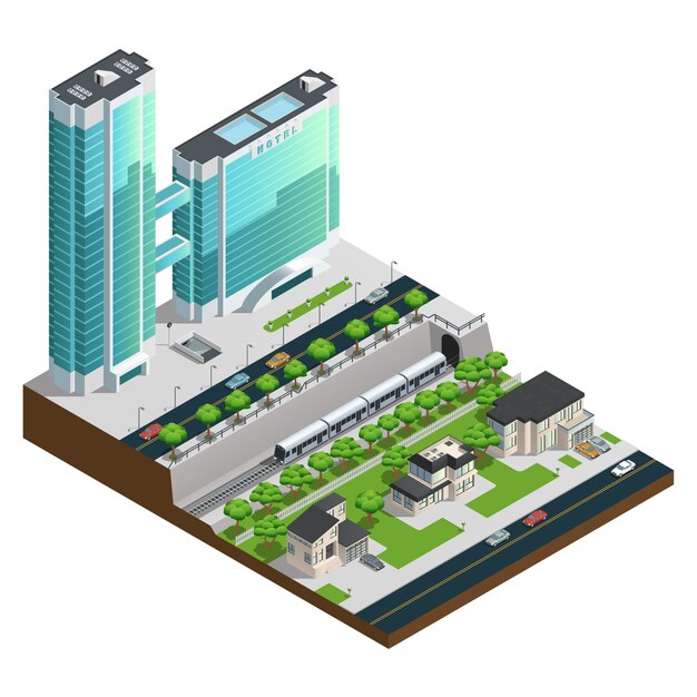 Rascacielos isométricos y casas suburbanas cerca de la ilustración de vector de composición de túnel de ferrocarril
