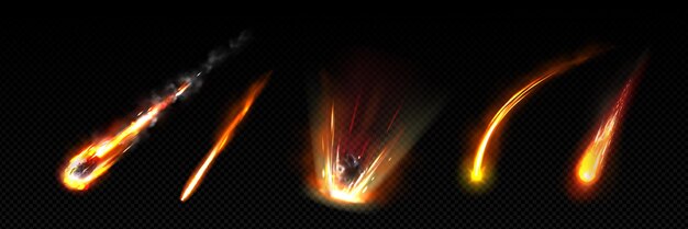Rastro de cometa o meteorito y vector de efecto de fuego mágico
