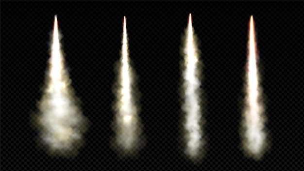 Rastro de humo de lanzamiento de cohete con vector de llama de fuego efecto de velocidad de explosión de despegue de jet realista aislado conjunto de aerosol de nave espacial blanca con pista de vapor en el aire despegue de explosión de motor de arranque de avión