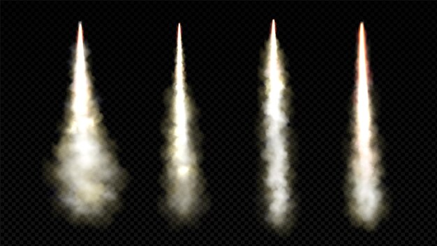 Rastro de humo de lanzamiento de cohete con vector de llama de fuego Efecto de velocidad de explosión de despegue de jet realista aislado Conjunto de aerosol de nave espacial blanca con pista de vapor en el aire Despegue de explosión de motor de arranque de avión