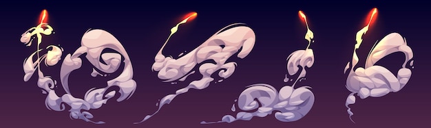 Rastro de lanzamiento de cohete o transbordador con fuego y humo ilustración vectorial de dibujos animados de explosión o explosión llama y rastro de vapor velocidad estallido de luz de la aeronave y niebla o cola de vapor