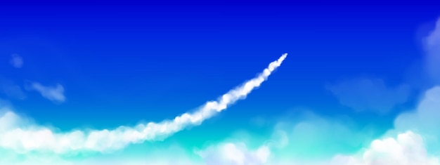 Vector gratuito rastro de vapor blanco de avión o cohete que vuela en un cielo claro y azul ilustración vectorial realista de la curva velocidad del avión vuelo de condensación contrail paisaje panorámico del cielo con cola de humo en movimiento