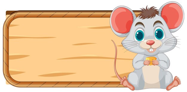 Ratón alegre con un letrero de madera en blanco