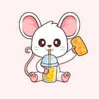 Vector gratuito un ratón lindo bebiendo té de leche de boba con queso ilustración de icono vectorial de dibujos animados bebida de animales aislada