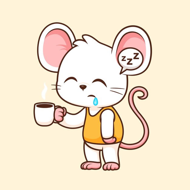 El ratón lindo durmiente sosteniendo café Vector de dibujos animados Icono Ilustración de animales Bebida Vector plano aislado