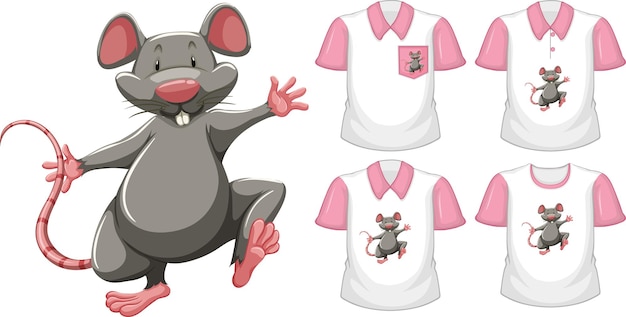 Ratón en posición de soporte personaje de dibujos animados con muchos tipos de camisas en blanco