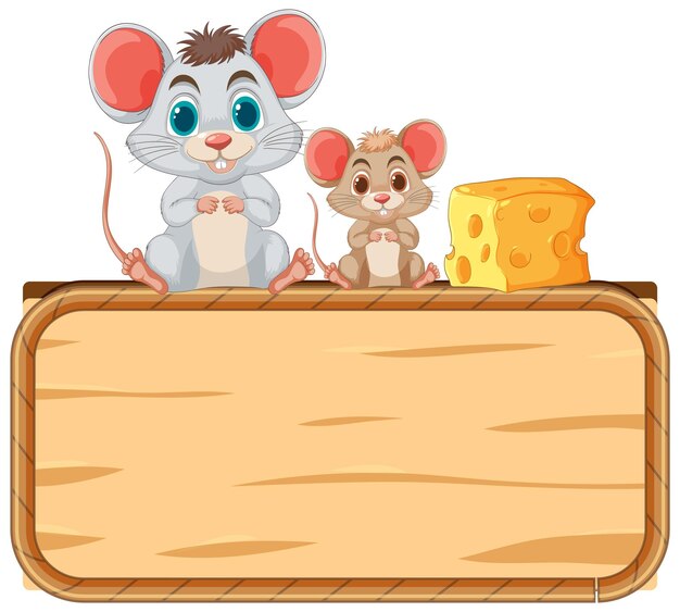 Ratones alegres con queso en un letrero de madera