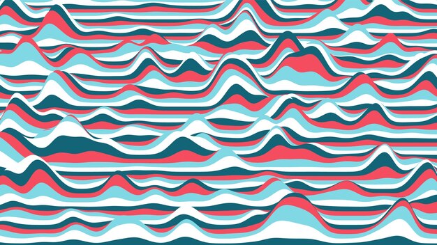 Rayas azules y rojas retro distorsionan el telón de fondo. Fondo de ondulación vintage procedimental con efecto de ilusión óptica.