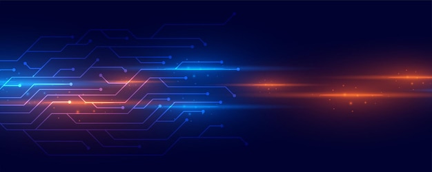 Rayas de luz brillante con líneas de circuitos de tecnología