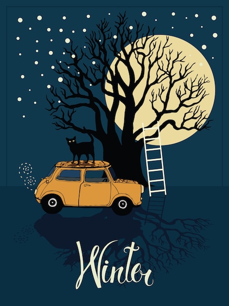 Árbol de invierno, coche, gato y una luna brillante