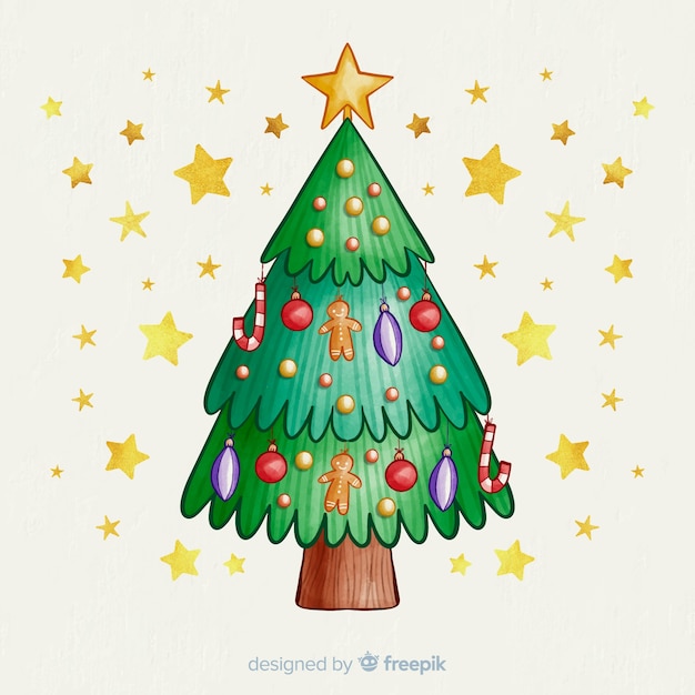 Árbol de navidad con globos y estrellas doradas