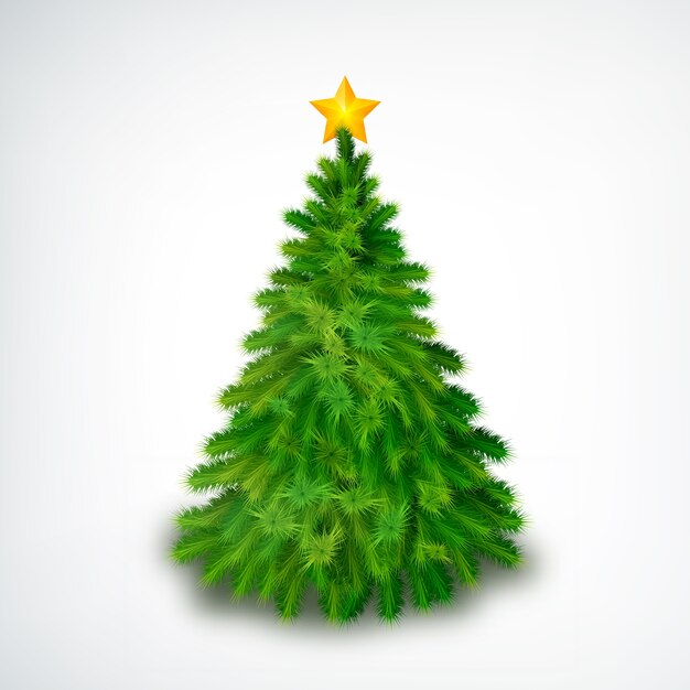 Árbol de navidad realista con estrella dorada en la parte superior en blanco