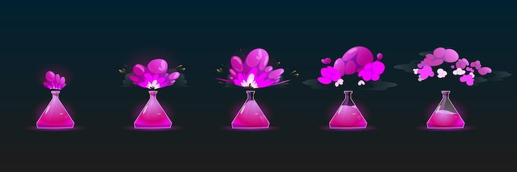 Vector gratuito reacción química en matraz con sprite de animación de nubes de explosión y humo etapas del experimento de laboratorio de química con reactivo líquido rosa en tubos aislados de vaso de precipitados con vapor conjunto de vectores de dibujos animados