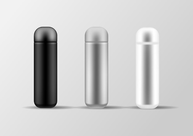 Realista 3d negro blanco y plata vacío metal brillante vacío termo vaso conjunto de iconos primer plano Plantilla de diseño de maqueta de embalaje para gráficos