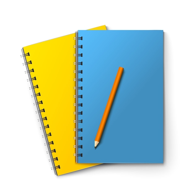 Realista azul y amarillo blocs de notas y lápiz aislado sobre fondo blanco ilustración vectorial