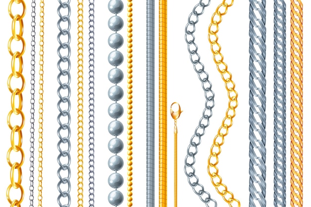 Realista cadena oro plata establece fondo aislado de varios artículos de joyería dorada