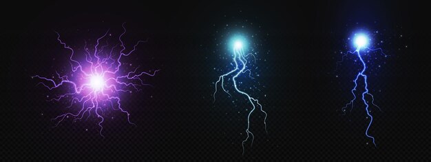 Realista círculo eléctrico perno relámpago explosión Efecto de poder de trueno mágico en color azul y púrpura Fantasía de choque de dolor Elemento de descarga 3d Neón brillante láser golpe eléctrico explosión vector