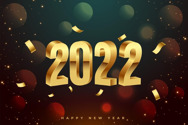 Realista feliz año nuevo 2022 texto 3d dorado con fondo de confeti