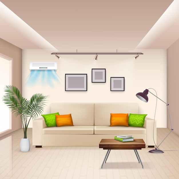 Vector gratuito realista con habitación amueblada y aire acondicionado moderno en la pared.