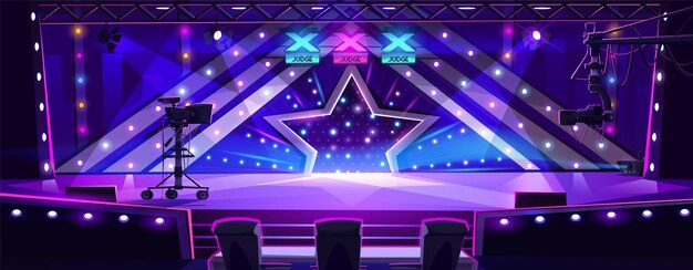 Reality show de talentos con equipo en el escenario