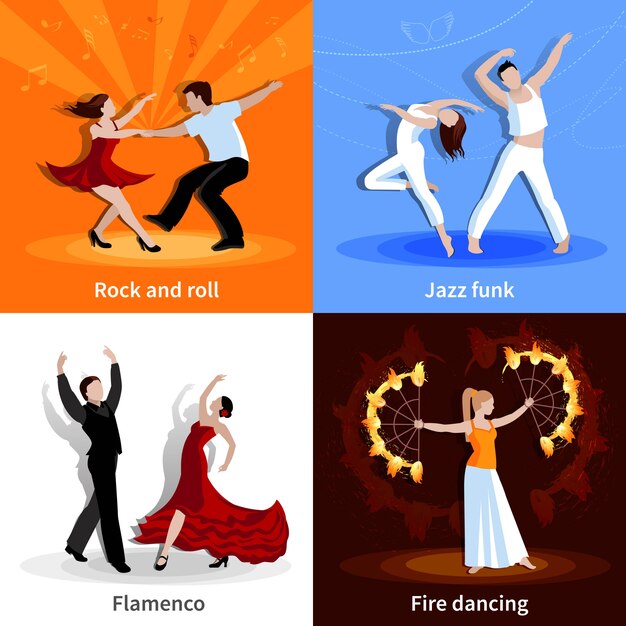 Realización de varios estilos de personajes de baile, conjunto de caracteres planos aislados ilustración vectorial