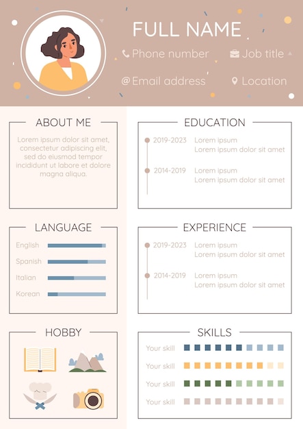 Vector gratuito reanudar la composición infográfica plana de trabajo cv con ejemplo de habilidades de texto editable de solicitud de trabajo e ilustración de vector de avatar