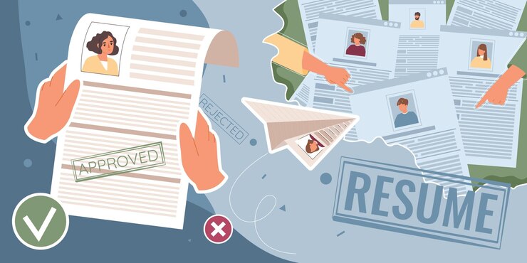 Vector gratuito reanudar la composición del trabajo cv con collage de iconos planos aprobación y rechazo pictogramas aplicaciones de trabajo en papel ilustración vectorial