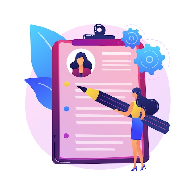 Reanudar la ilustración del concepto abstracto del servicio de escritura. Servicio de redacción publicitaria, CV en línea, ayuda profesional para redactar currículum vitae, carta de presentación, perfil del candidato, resumen de carrera
