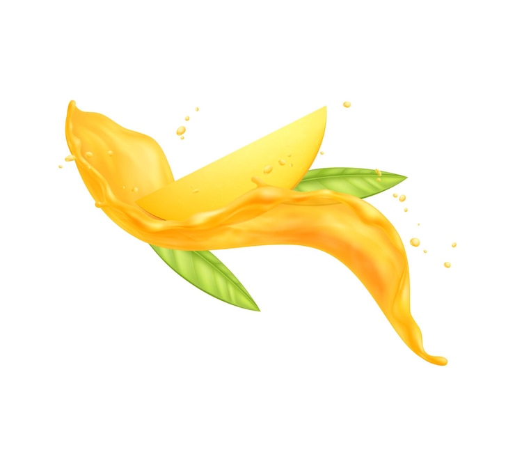 Vector gratuito rebanada de mango fresco y hojas verdes en jugo salpicaduras realistas