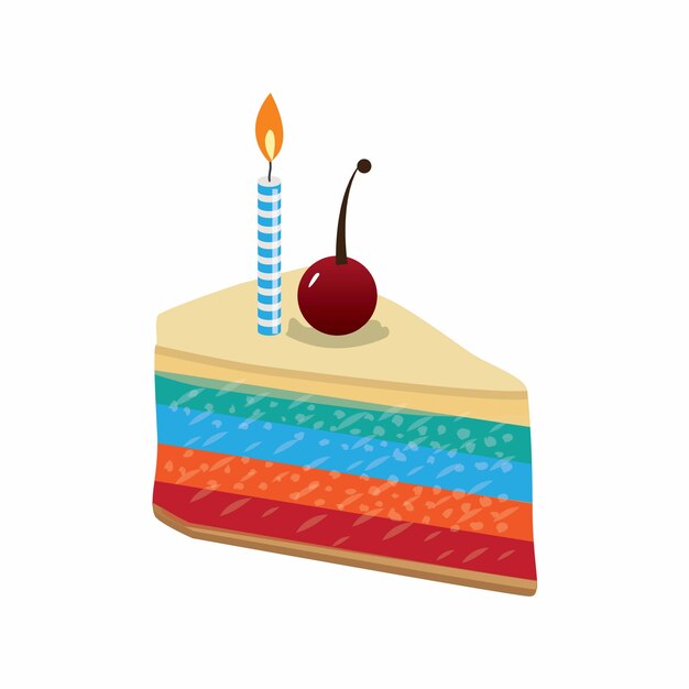 Rebanada de pastel de cumpleaños con guarnición hermosa cereza y velas. Ilustración vectorial