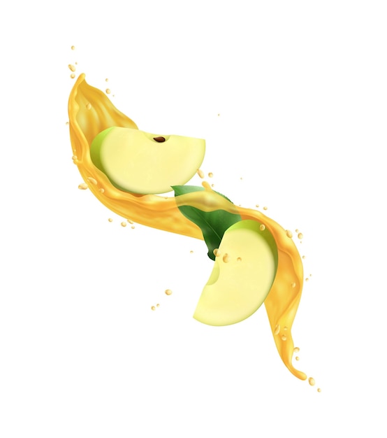 Rebanadas de manzana verde fresca en jugo salpican ilustración vectorial realista