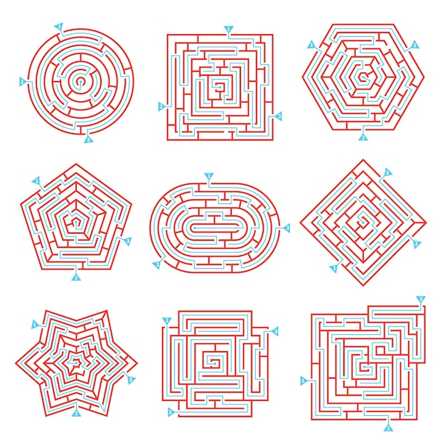Rebus de juego de laberinto con imágenes de laberinto aisladas sobre fondo blanco con rutas de solución marcas ilustración vectorial