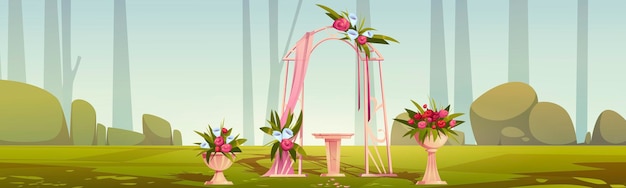 Vector gratuito recepción de boda al aire libre con arco floral y flores en macetas. ilustración de dibujos animados de vector de paisaje de jardín o parque de verano con objetos para ceremonia de matrimonio, árboles verdes y césped