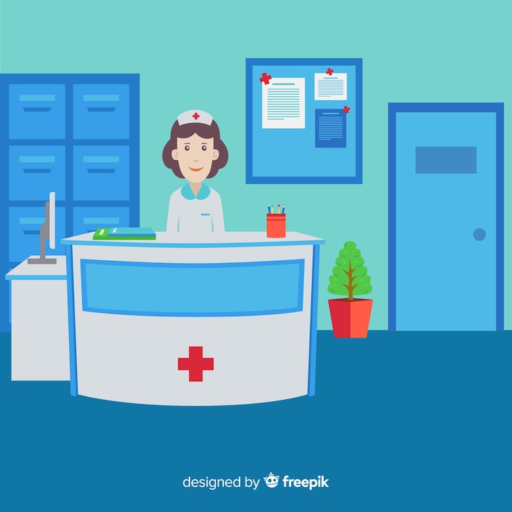 Vector gratuito recepción de hospital moderno con diseño plano