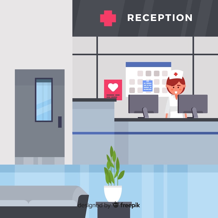 Vector gratuito recepción de hospital moderno con diseño plano