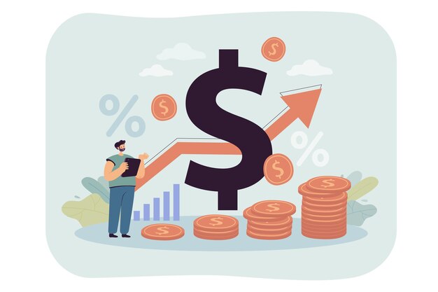 Recesión del valor del dinero en el mercado financiero. Aumento de precios, riesgo empresarial, monedas y tasa de porcentaje ilustración vectorial plana. Economía, concepto de inflación para banner, diseño de sitio web o página web de destino