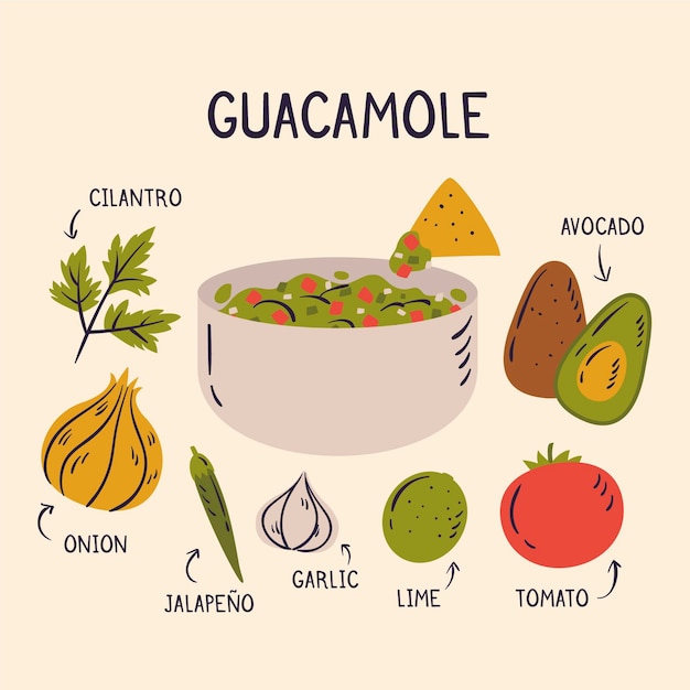 Receta de comida orgánica guacamole dibujado a mano | Vector Gratis Receta de comida orgánica guacamole dibujado a mano | Vector Gratis