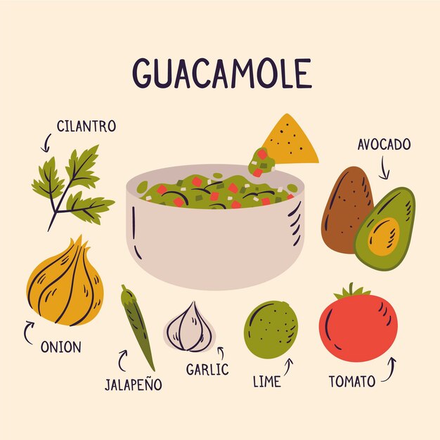 Receta de comida orgánica guacamole dibujado a mano