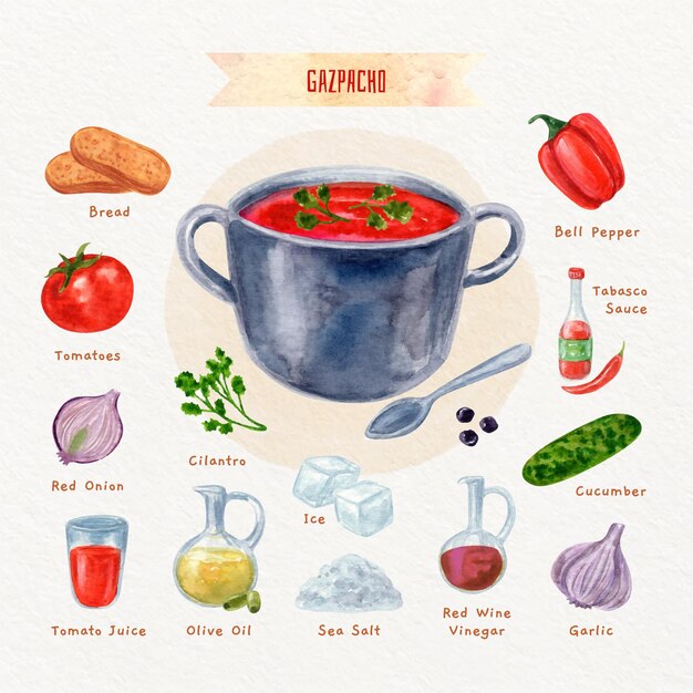 Receta de gazpacho vegetariano en acuarela