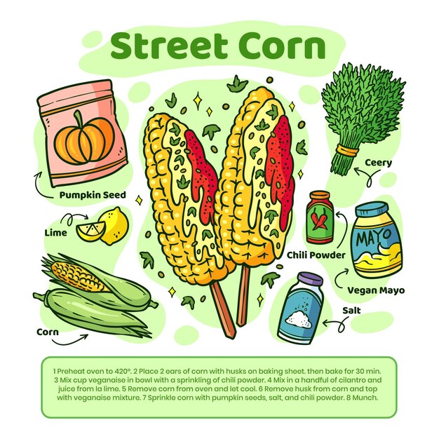 Receta de maíz callejero vegetariana dibujada a mano