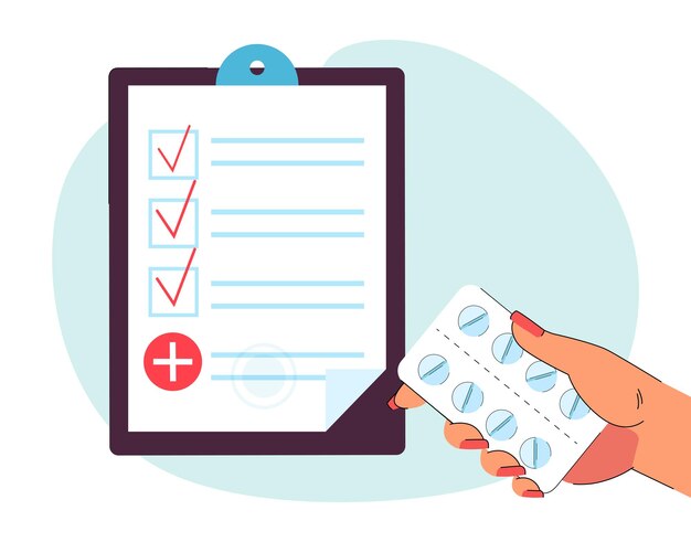 Receta médica y blíster de pastillas de sujeción manual. Paciente tomando medicación ilustración vectorial plana. Tratamiento, atención médica, concepto de farmacia para banner, diseño de sitio web o página web de destino