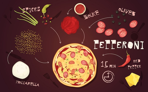Vector gratuito receta de pizza de pepperoni con verduras salaz mozzarella
