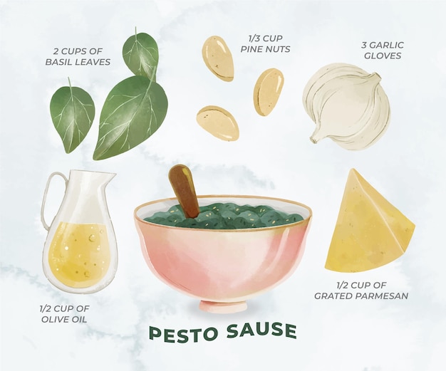 Receta de salsa pesto vegetariana dibujada a mano
