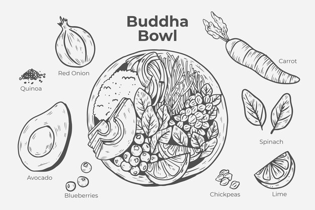 Receta de tazón de buda dibujada a mano