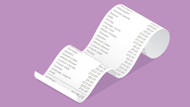 Recibo de tienda isométrica, factura de pago en papel