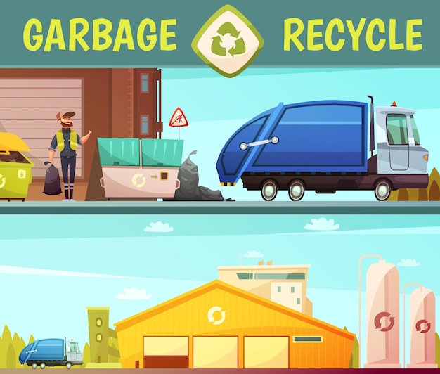 Reciclaje de basura, símbolo ecológico de servicio ecológico e instalaciones de procesamiento. 2 estilo de dibujos animados.