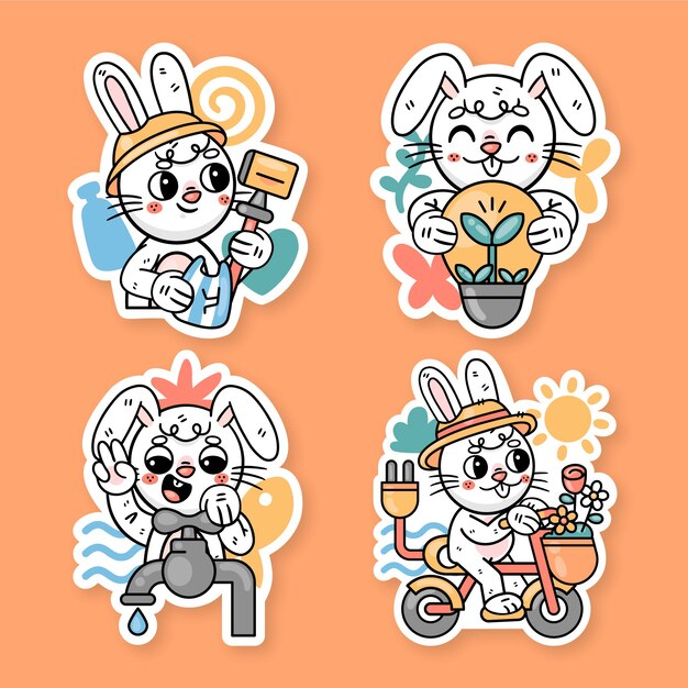 Reciclar conjunto de pegatinas de ilustración de conejo