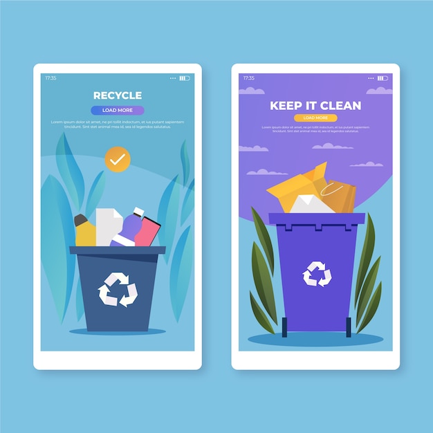 Vector gratuito recicle y manténgalo limpio pantallas de aplicaciones móviles