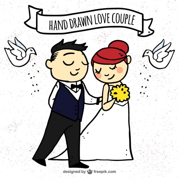 Vector gratuito recién casados dibujados a mano con palomas